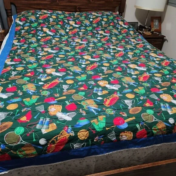 Handmade Baseball Logo Blue Multicolored Bed Quilt Comforter Twin Size - Picture 2 of 7